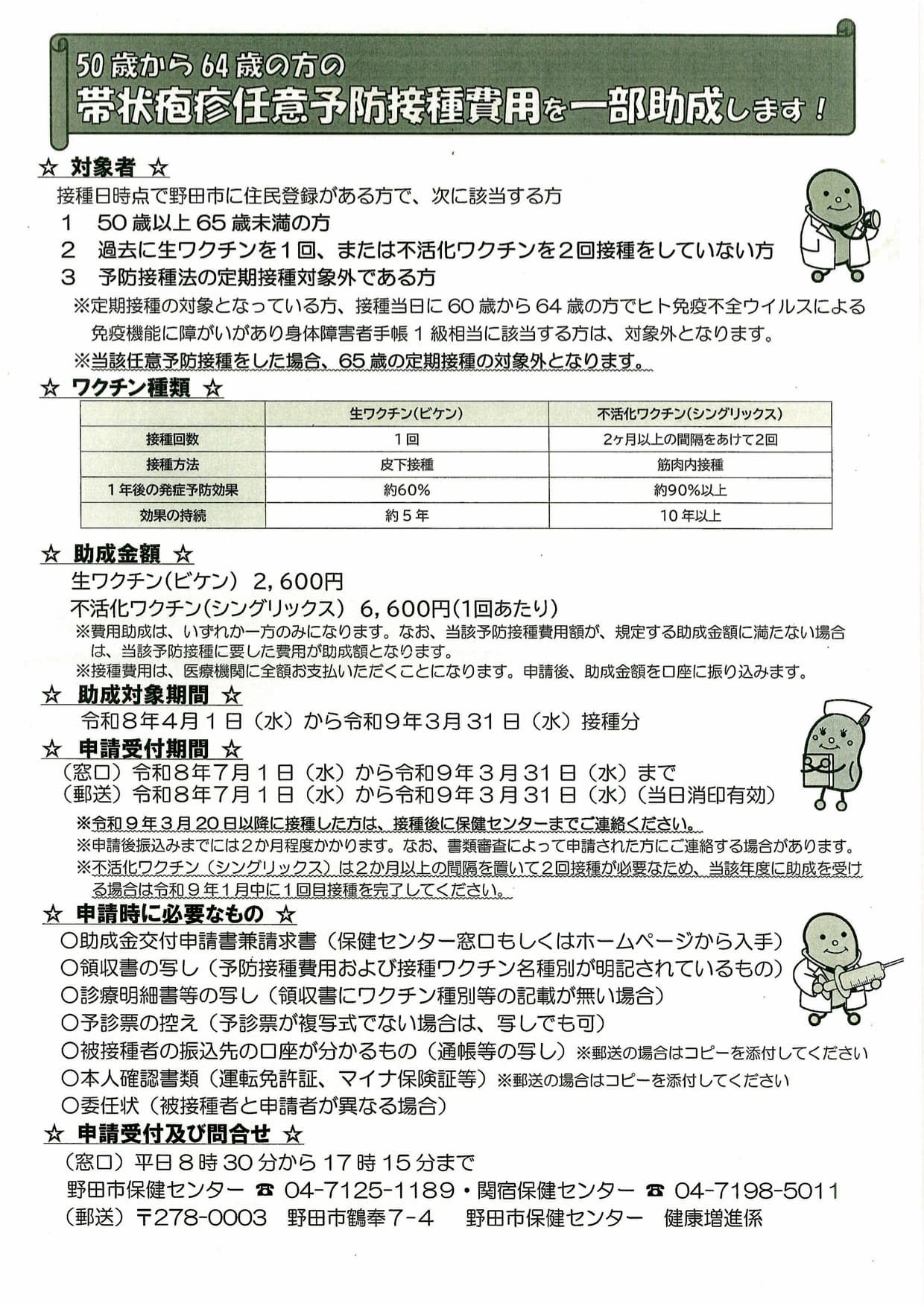 50歳から64歳の方の帯状疱疹任意予防接種費用を一部助成します